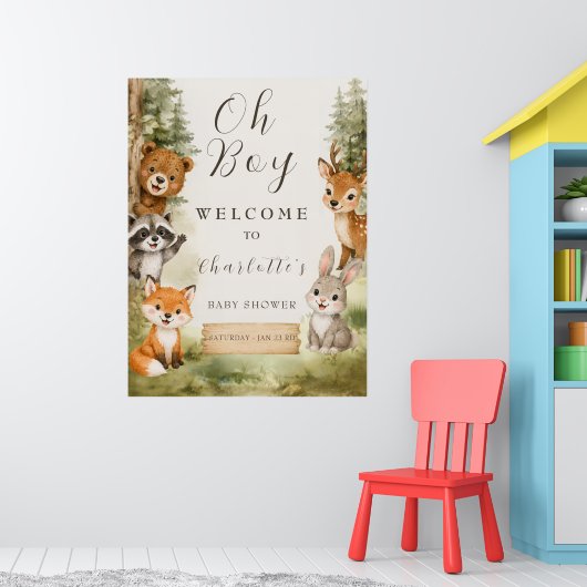 Oh Boy Watercolor Rustic Woodland ベビーシャワー ポスター (子ども部屋1)