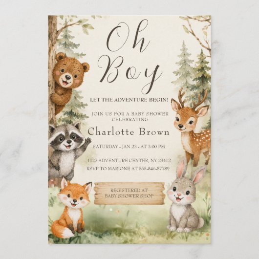 Oh Boy Watercolor Rustic Woodland ベビーシャワー  招待状 (正面)