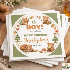 Oh Boy Watercolor Woodland Bear Baby Shower スタンダードカクテルナプキン