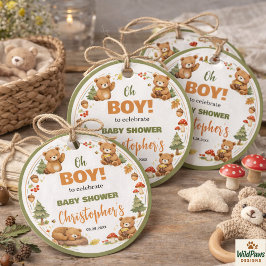 Oh Boy Watercolor Woodland Bear Baby Shower フェイバータグ