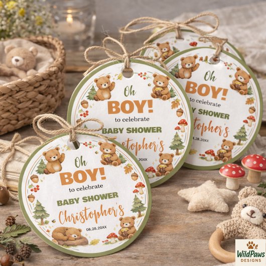 Oh Boy Watercolor Woodland Bear Baby Shower フェイバータグ