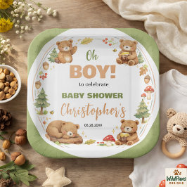 Oh Boy Watercolor Woodland Bear Baby Shower ペーパープレート