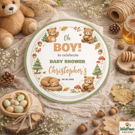 Oh Boy Watercolor Woodland Bear Baby Shower ラウンドシール