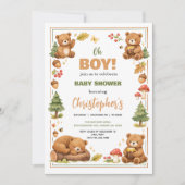Oh Boy Watercolor Woodland Bear Baby Shower 招待状 (正面)