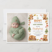Oh Boy Watercolor Woodland Bear Baby Shower 招待状 (正面)