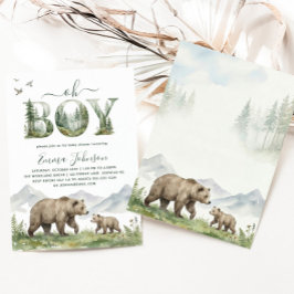 Oh Boy Watercolor Woodland Bear Baby Shower 招待状
