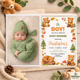 Oh Boy Watercolor Woodland Bear Baby Shower 招待状
