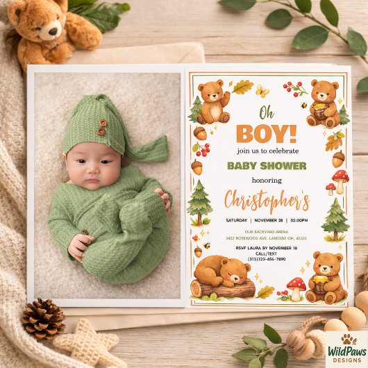 Oh Boy Watercolor Woodland Bear Baby Shower 招待状