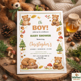 Oh Boy Watercolor Woodland Bear Baby Shower 招待状