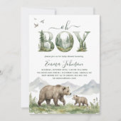 Oh Boy Watercolor Woodland Bear Baby Shower 招待状 (正面)