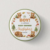 Oh Boy Watercolor Woodland Bear Baby Shower 缶バッジ (正面)