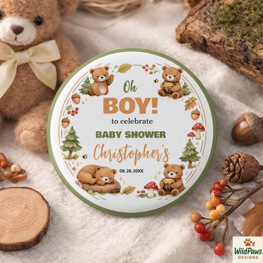 Oh Boy Watercolor Woodland Bear Baby Shower 缶バッジ