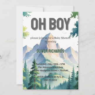 Oh Boy Watercolor Woodland Mountain Baby Shower  招待状