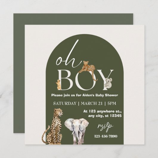 Oh Boy Wild One Animals Boy Baby Shower 招待状 (正面/裏面)