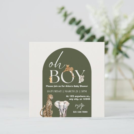 Oh Boy Wild One Animals Boy Baby Shower 招待状 (スタンド正面)
