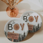 Oh Boy - Woodland 素朴 Baby Shower ペーパープレート<br><div class="desc">ウッドラ素朴ンド – "oh boy"男の子の赤ちゃんシャワープレート</div>