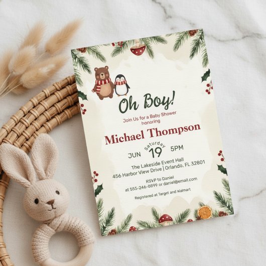 Oh Boy Woodland Winter Baby Shower Invitation 招待状