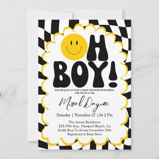 Oh Boy! Yellow Checkered Happy Face Baby Shower 招待状 (正面)
