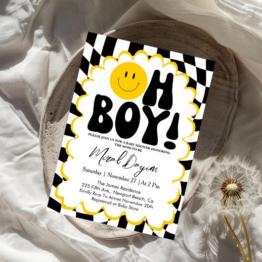 Oh Boy! Yellow Checkered Happy Face Baby Shower 招待状