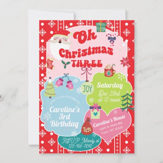 Oh Christmas Three お誕生日3歳の女の子の招待状. 招待状 (正面)