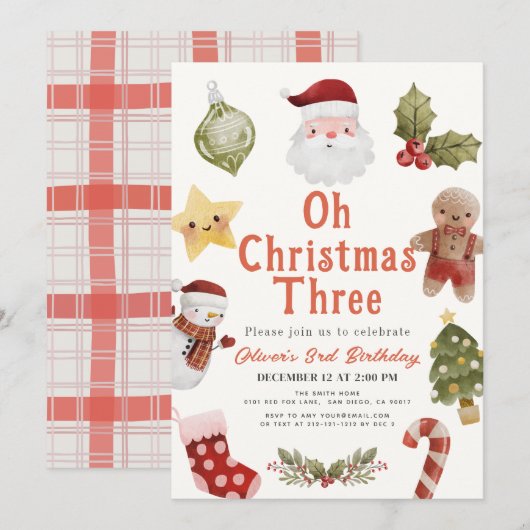 Oh Christmas Three サンタの3歳の誕生日 招待状 (正面/裏面)