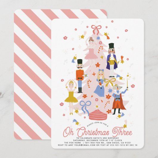 Oh Christmas Three ピンクのくるみ割り人形の女の子 誕生日 招待状 (正面/裏面)