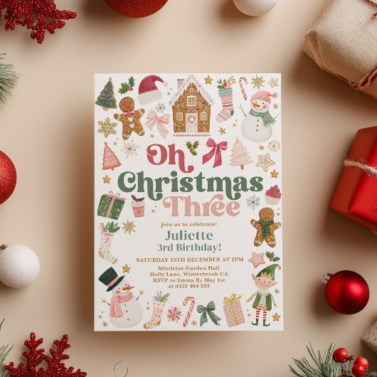Oh Christmas Three 3rd Birthday Xmas theme Festive 招待状