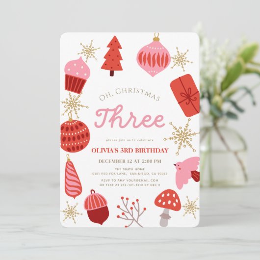 Oh Christmas Three Christmas Pink 3rd Birthday 招待状 (スタンド正面)