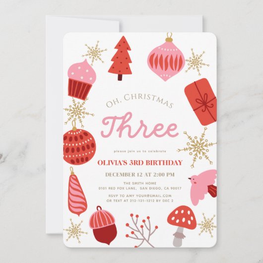 Oh Christmas Three Christmas Pink 3rd Birthday 招待状 (正面)
