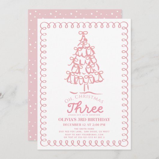 Oh Christmas Three Pink Bow Tree 3rd Birthday 招待状 (正面/裏面)
