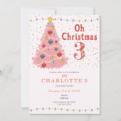 Oh Christmas Three Pink Girl 3rd Birthday 招待状 (正面)