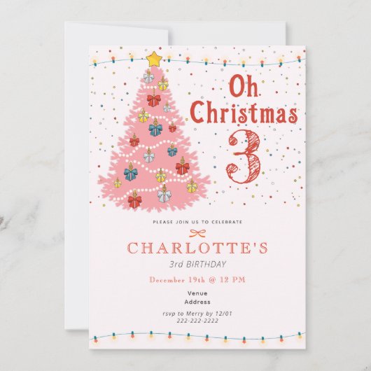 Oh Christmas Three Pink Girl 3rd Birthday 招待状 (正面)