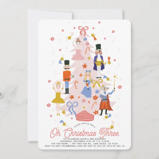 Oh Christmas Three Pink Nutcracker Girl Birthday 招待状 (正面)