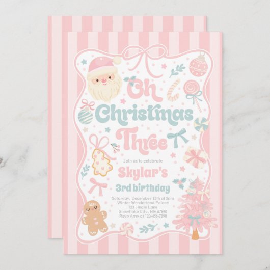 Oh Christmas Tree Coquette Bow 3rd Birthday 招待状 (正面/裏面)