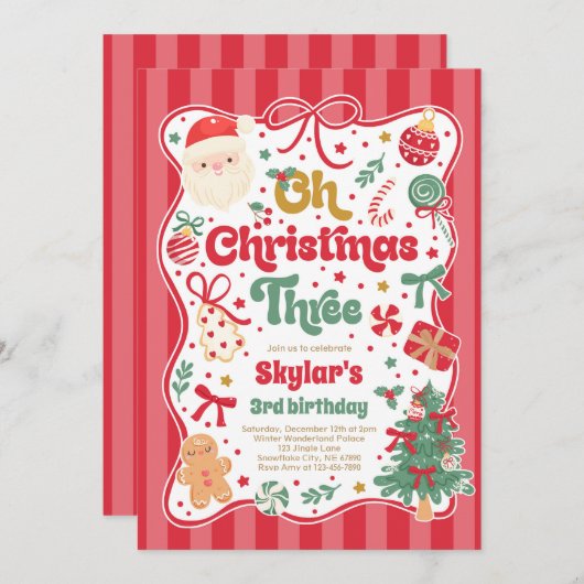 Oh Christmas Tree Coquette Bow 3rd Birthday 招待状 (正面/裏面)