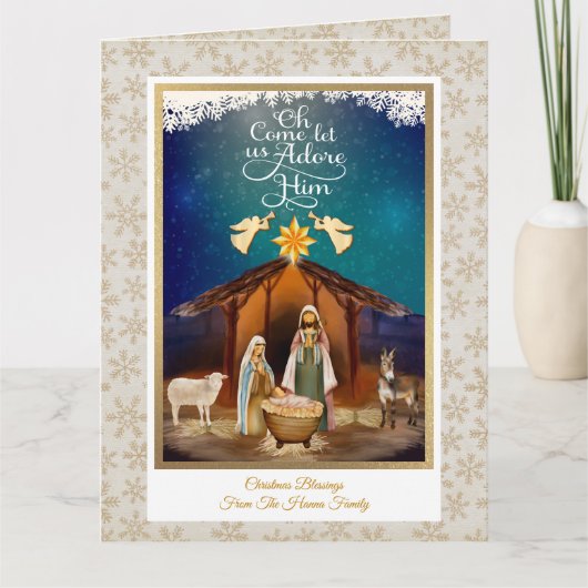 "Oh Come Let Us Adore Him" Nativity Christmas カード (正面)