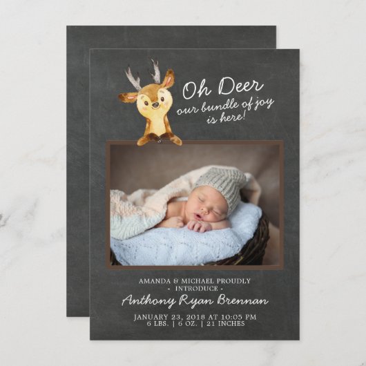 Oh Deer男の赤ちゃん写真誕生発表 案内状 (正面/裏面)