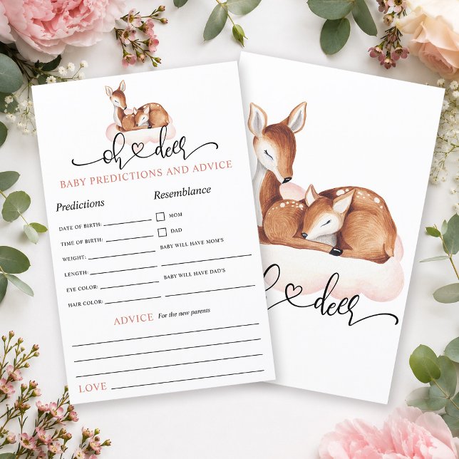 Oh Deer ピンク ウッドランド ベビー予測とアドバイス (Get wisdom from your loved ones with this elegant Oh Deer baby predictions and advice game.)