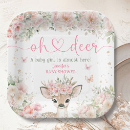 Oh Deer ベビーシャワー ガール ピンク フローラル ペーパー ペーパープレート