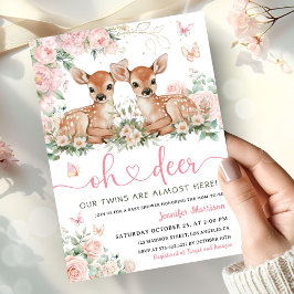 Oh Deer 双子ベビーシャワーパーティー ピンク招待状 招待状