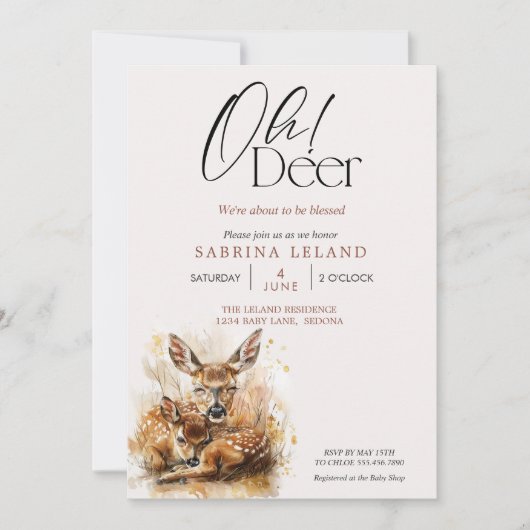 Oh Deer! 水彩の子鹿と母鹿のベビーシャワー 招待状 (正面)