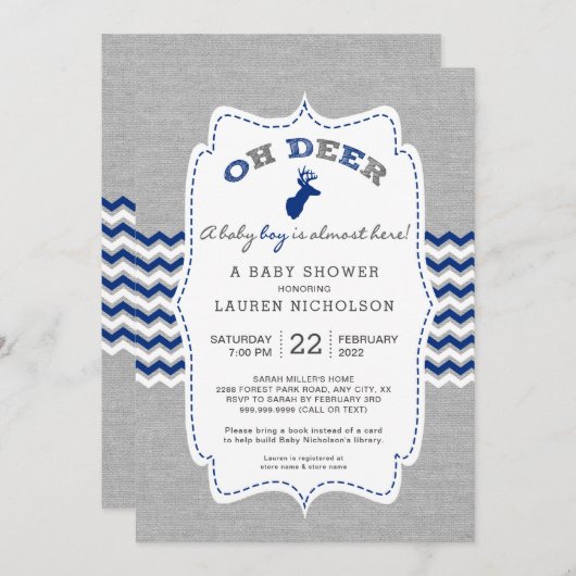 OH DEER 素朴 Buck赤ちゃんシャワー、ネイビーグレー 招待状 (正面/裏面)