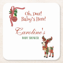 Oh, Deer! Baby’s Here! – クリスマス・ベビーシャワー スクエアペーパーコースター