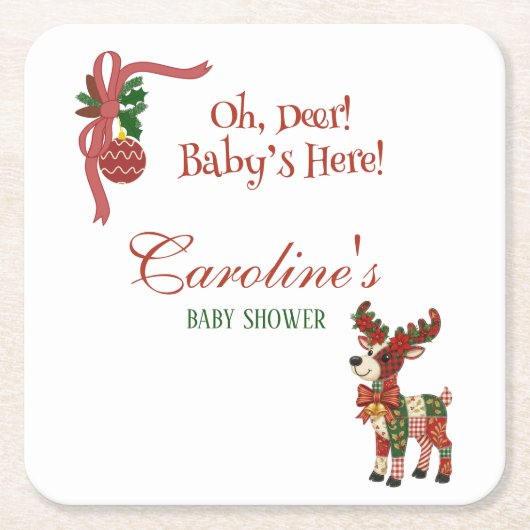 Oh, Deer! Baby’s Here! – Christmas Baby Shower スクエアペーパーコースター (正面)