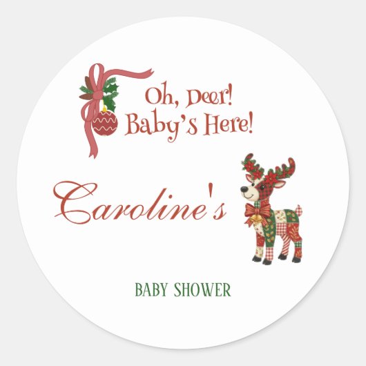 Oh, Deer! Baby’s Here! – Christmas Baby Shower ラウンドシール (正面)