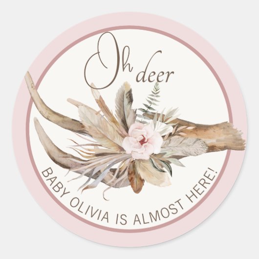 Oh Deer Baby Shower Fever Sticker - Pink Woodland ラウンドシール (正面)