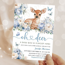 Oh Deer Boy ベビーシャワーのくすんだブルーの招待状 招待状