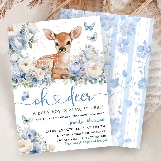 Oh Deer Boy Baby Shower Dusty Blue Invitation 招待状
