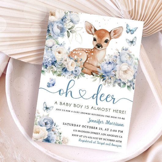 Oh Deer Boy Baby Shower Dusty Blue Invitation 招待状