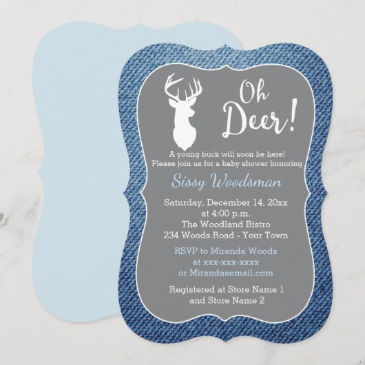 Oh Deer Buck Gray and Denim Boy Baby Shower 招待状 (正面/裏面)